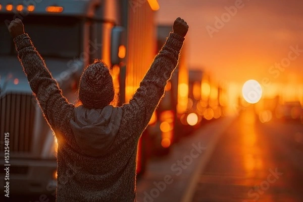 Obraz Truck Driver Stretches at Sunrise Beside Dry Van Trailer in Quiet Rest Area Generative AI