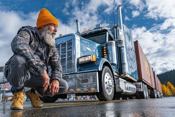 Obraz Truck Driver Stretches at Highway Rest Area Beside Semi-Truck Under Blue Sky Generative AI