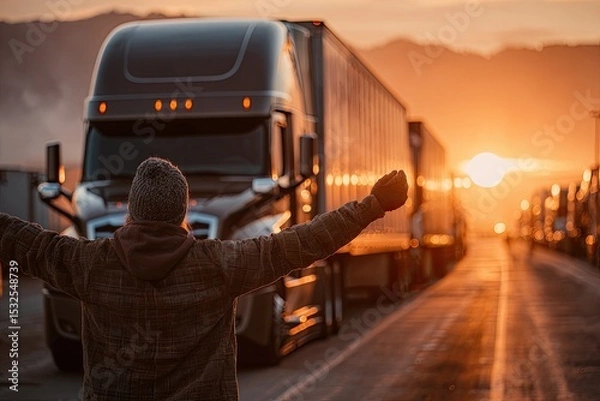 Obraz Truck Driver Stretches in Morning Light Beside a Freightliner at Rest Area Generative AI