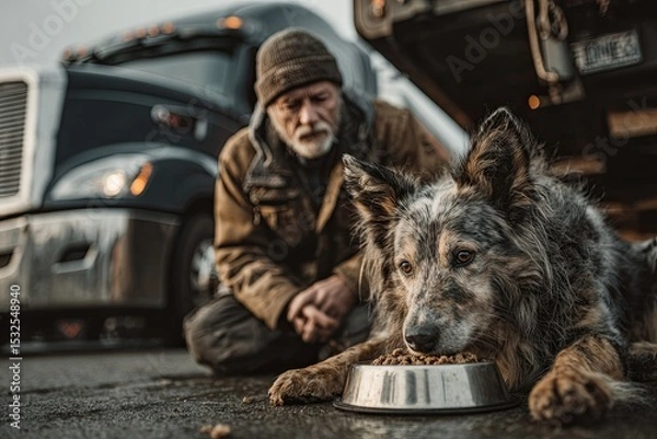 Obraz Trucker Feeding His Dog Beside the Cab in Calm Midday Light Generative AI
