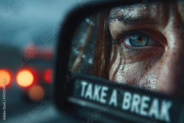 Fototapeta View From Truck Cab With Warning Message to Take a Break for Safety Generative AI