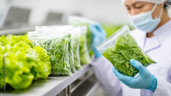 Fototapeta Quality control specialist examining fresh salad mix in factory setting