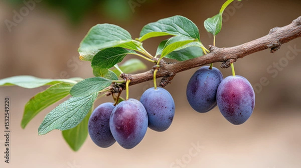 Fototapeta Ripe purple plums on branch with green leaves in orchard setting