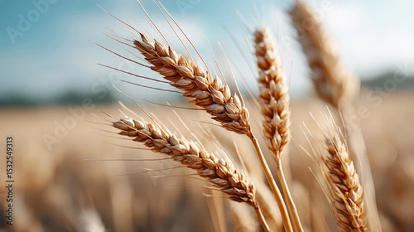 Fototapeta Golden wheat field gently swaying in wind with lens flare on a sunny day