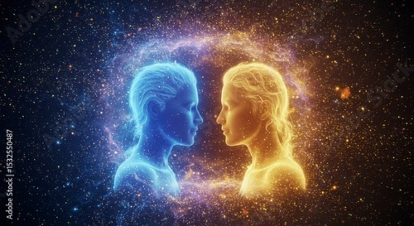 Fototapeta Two ethereal figures, blue and gold, facing each other within a swirling cosmic energy field