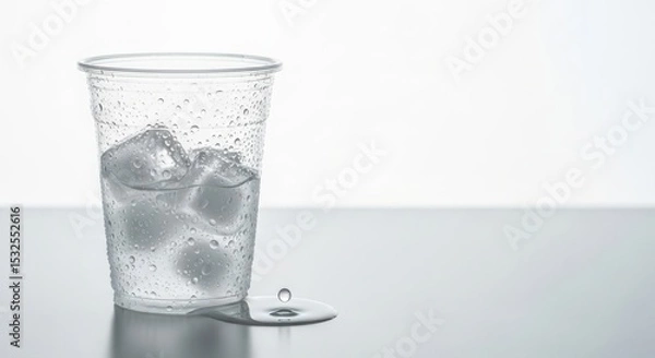 Fototapeta A clear plastic cup filled with ice cubes and water. A small puddle of water forms on the surface beneath the cup. The background is plain and light-colored.
