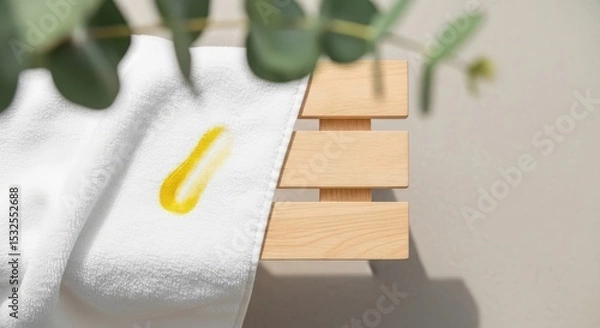 Fototapeta A close-up of a wooden bench with a white towel draped over it. A small yellow oil drop is visible on the towel. Green eucalyptus leaves are in the background.