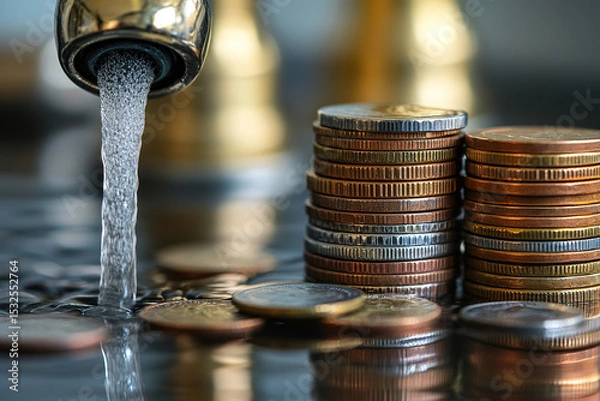 Fototapeta Concept of saving water resources. Water flows out of the tap, increasing the cost of its payment.