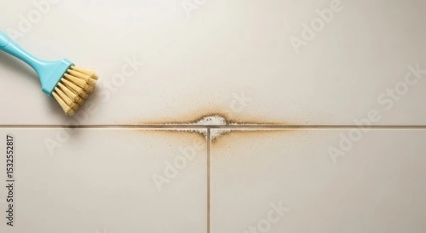 Fototapeta A close-up of a cleaning brush on a tiled surface with a visible stain. The brush has a blue handle and bristles, while the tile shows discoloration around the grout.