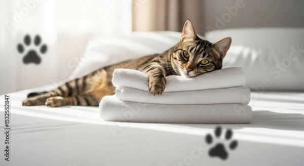 Fototapeta A relaxed tabby cat lies on a stack of white towels on a bed. Sunlight filters through a window, creating a warm atmosphere.