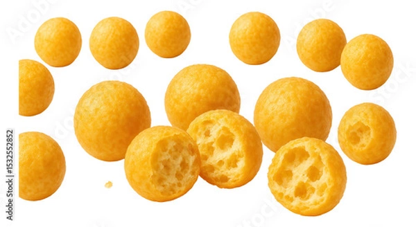 Fototapeta Round cheese balls with a crunchy texture, showing whole and halved pieces.