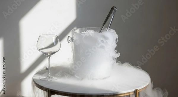Fototapeta A silver champagne bottle in an ice bucket with fog. A clear wine glass sits beside it on a round table. Soft light illuminates the scene.