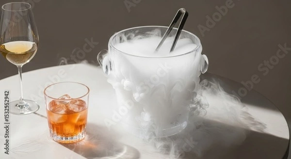 Fototapeta A stylish ice bucket with smoke, holding tongs, next to a glass of whiskey with ice and a wine glass. Elegant bar setting with a modern aesthetic.