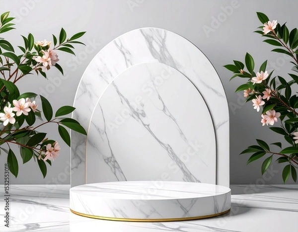 Fototapeta White empty marble interior in a classic style with a podium, columns and flowers