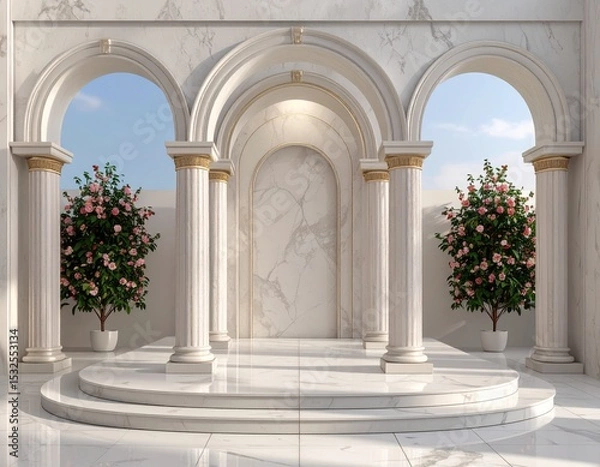 Obraz White empty marble interior in a classic style with a podium, columns and flowers