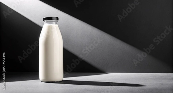 Fototapeta Glass Milk Bottle with Dramatic Spotlight on Dark Background Minimalist Dairy Packaging Mockup for Modern Branding and Product Display