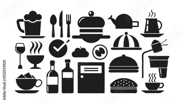 Obraz Restaurant and kitchen icon set with burger, chef hat, kettle, cupcake, and food items in black silhouette – suitable for cafe menus, fast food branding, and culinary graphics.