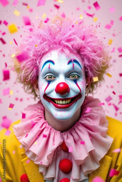 Fototapeta Smiling clown in pink wig and colorful background