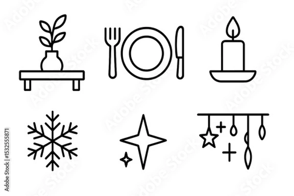 Obraz Minimalist black icons: plant, dining, candle, snowflake, star, mobile