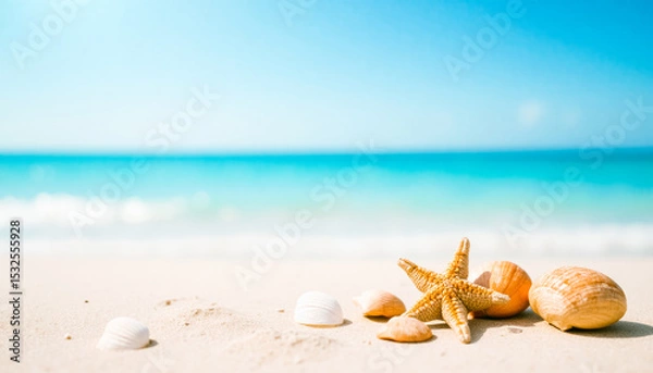 Fototapeta Seashells and starfish on sunny beach sand with turquoise ocean background