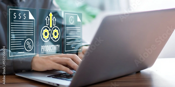 Fototapeta A business person using laptop with visual screen increase productivity concept
