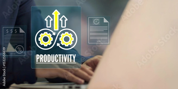 Fototapeta A business person using laptop with visual screen increase productivity concept
