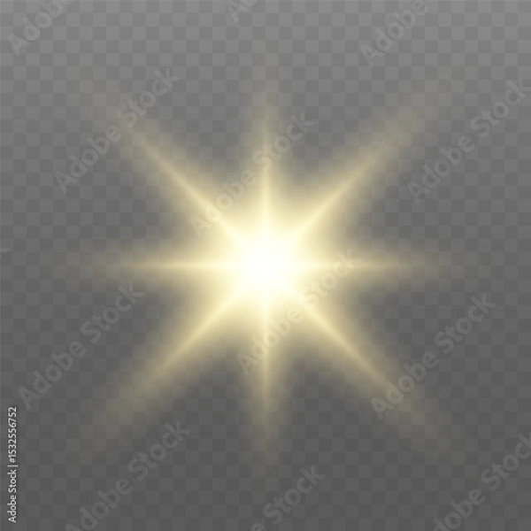 Fototapeta Glowing gold light. Glowing sun flash with golden rays, spotlight effect, and sparkling bokeh. Transparent overlay, warm illumination, starry highlights, soft bokeh