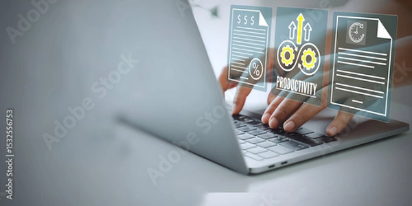 Fototapeta A business person using laptop with visual screen increase productivity concept