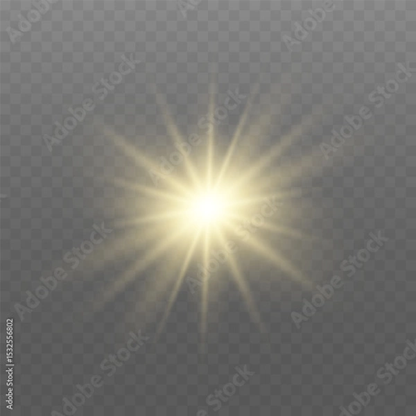 Fototapeta Glowing gold light. Glowing sun flash with golden rays, spotlight effect, and sparkling bokeh. Transparent overlay, warm illumination, starry highlights, soft bokeh
