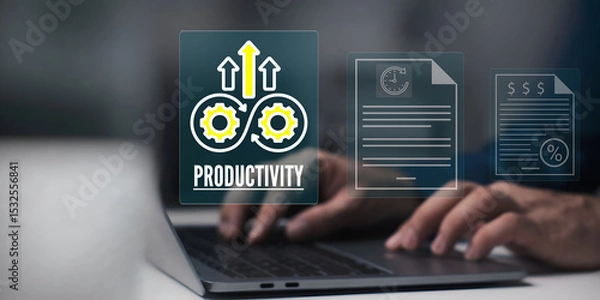 Fototapeta A business person using laptop with visual screen increase productivity concept