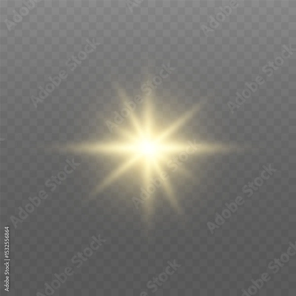 Fototapeta Glowing gold light. Glowing sun flash with golden rays, spotlight effect, and sparkling bokeh. Transparent overlay, warm illumination, starry highlights, soft bokeh