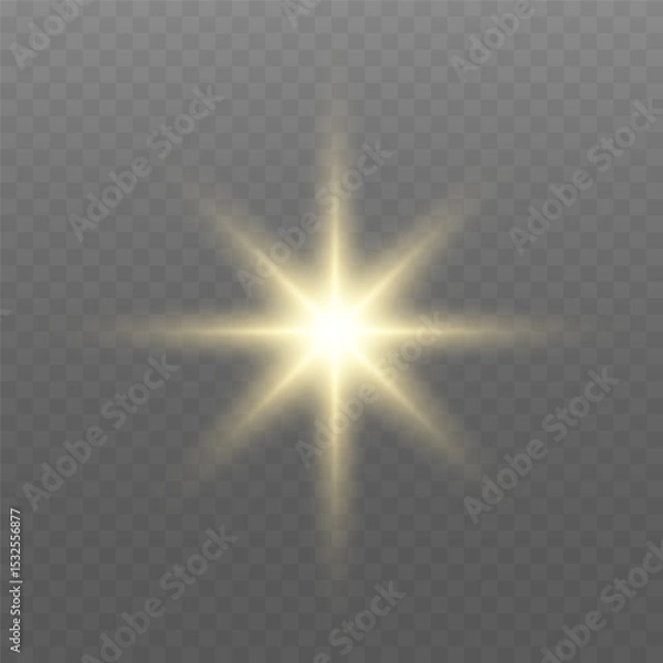 Fototapeta Glowing gold light. Glowing sun flash with golden rays, spotlight effect, and sparkling bokeh. Transparent overlay, warm illumination, starry highlights, soft bokeh