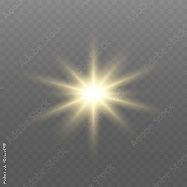 Fototapeta Glowing gold light. Glowing sun flash with golden rays, spotlight effect, and sparkling bokeh. Transparent overlay, warm illumination, starry highlights, soft bokeh