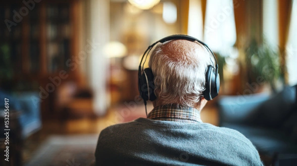 Obraz Elderly man with white hair is enjoying music therapy wearing headphones in peaceful indoor setting, creating calm and relaxing atmosphere