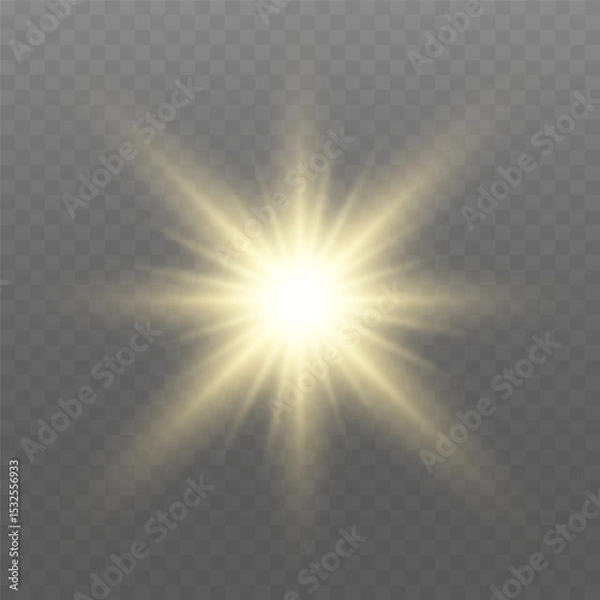 Fototapeta Glowing gold light. Glowing sun flash with golden rays, spotlight effect, and sparkling bokeh. Transparent overlay, warm illumination, starry highlights, soft bokeh