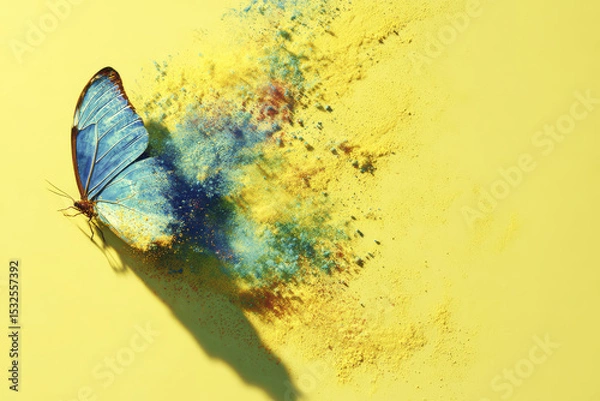 Fototapeta Blue butterfly with wings dissolving into colorful powder particles on bright yellow background, creating dynamic and artistic effect