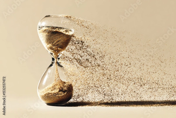 Obraz Hourglass with golden sand flowing and dispersing into particles against beige background, symbolizing passage of time and fleeting moments