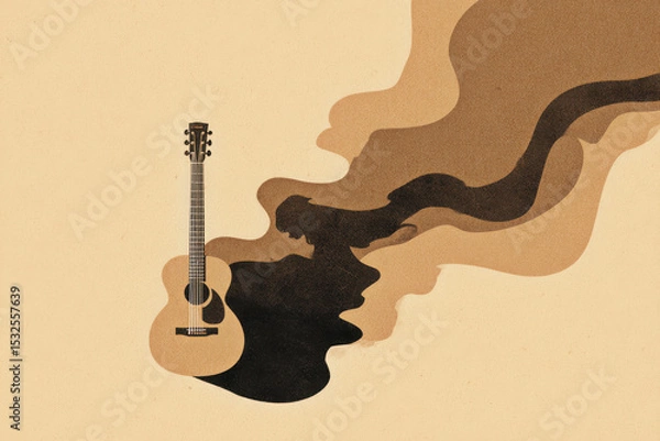 Obraz Single acoustic guitar with artistic shadow shapes resembling person and abstract forms, set against beige background, evoking creativity and music inspiration