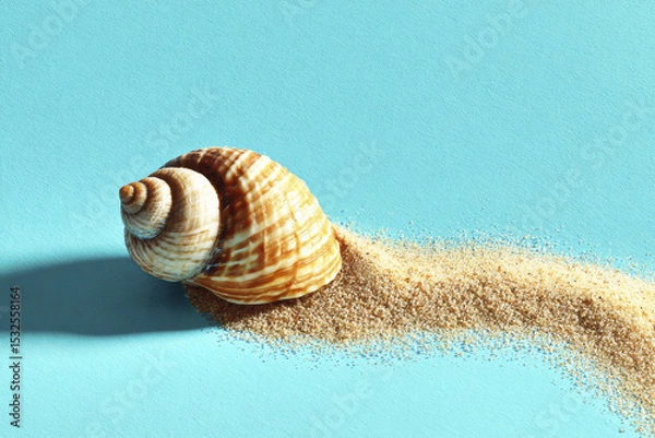 Obraz Single seashell resting on smooth turquoise surface with trail of fine sand behind it, creating peaceful and natural beach inspired scene