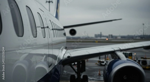Fototapeta Close up of an airplane parked at a gate on the tarmac during golden hour at the airport for travel and transport concept.