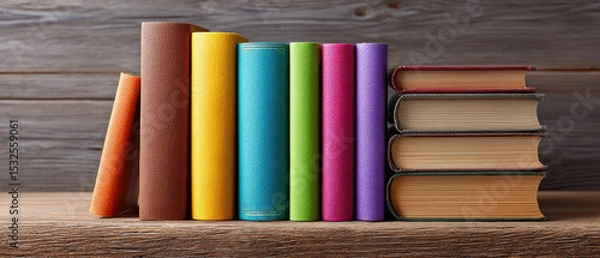 Obraz Colourful bookshelf stacked with various hardcovers in an indoor library environment closeup view on education and cognition concepts