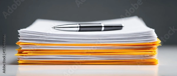 Fototapeta Business report documentation reviewing financial growth charts and statics in a stack of papers indoor environment with pen and information copy
