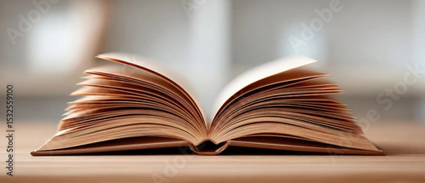 Obraz Open book on wooden table close-up study of pages education and wisdom concept for learning and cognition in a serene environment