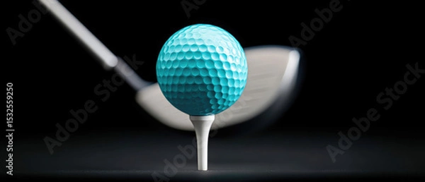 Obraz Indoor studio shot of a closeup golf driver hitting a teed ball on a black background focusing on luxury equipment and training tools for sport enthusiasts