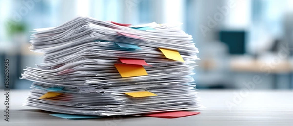 Obraz Investigating business documents a closeup study of stacked reports and waste paper in an indoor office environment for document analysis and concept discovery