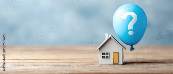 Obraz Understanding rental property questions miniature house with balloon sign concept on wooden table for real estate queries home and lease illustration