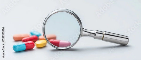 Obraz Analyzing pills and capsules with a magnifying glass for pharmaceutical research in a clean indoor studio environment for health care and prevention