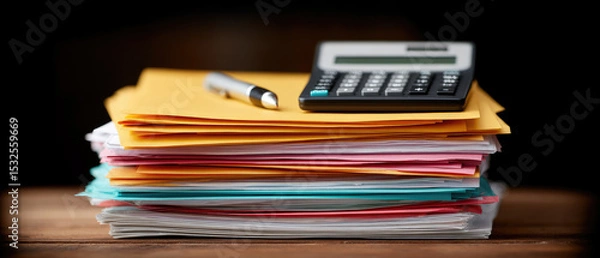 Obraz Preparing financial reports a business review of growth statistics with paperwork and calculating machines in an indoor office environment