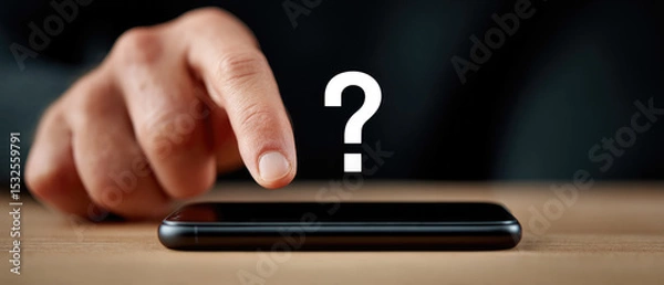 Obraz Using a smartphone to ask questions close-up of a male user holding a phone with query symbols on screen at a desk blurred background for technology concept