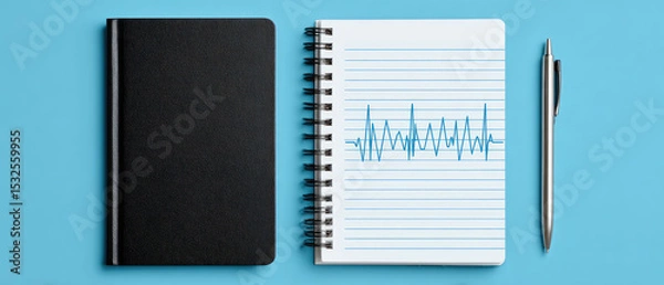 Obraz Medical check-up data record notebook with graphs wellness monitoring equipment on a blue background scientific research and analysis instrument for health care